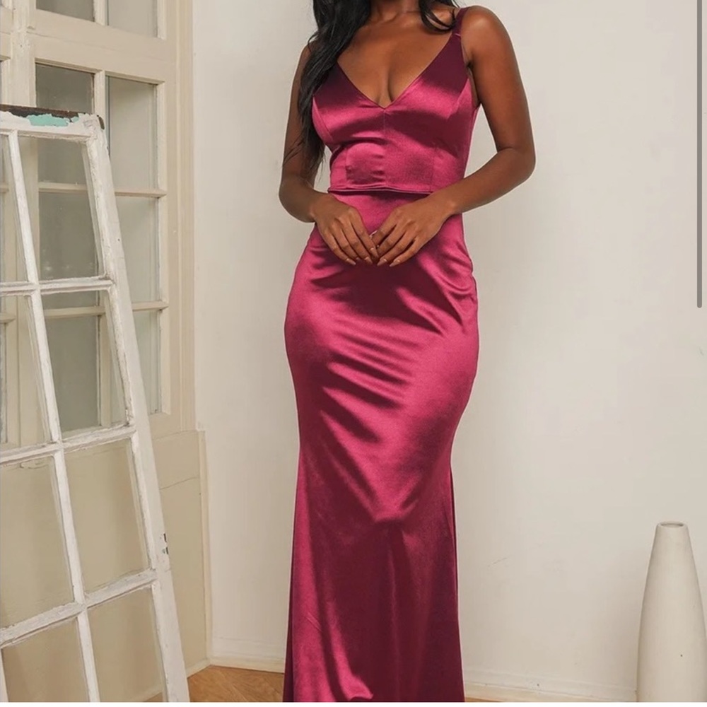 Lulu’s Melora Burgundy Satin Sleeveless Maxi Dress